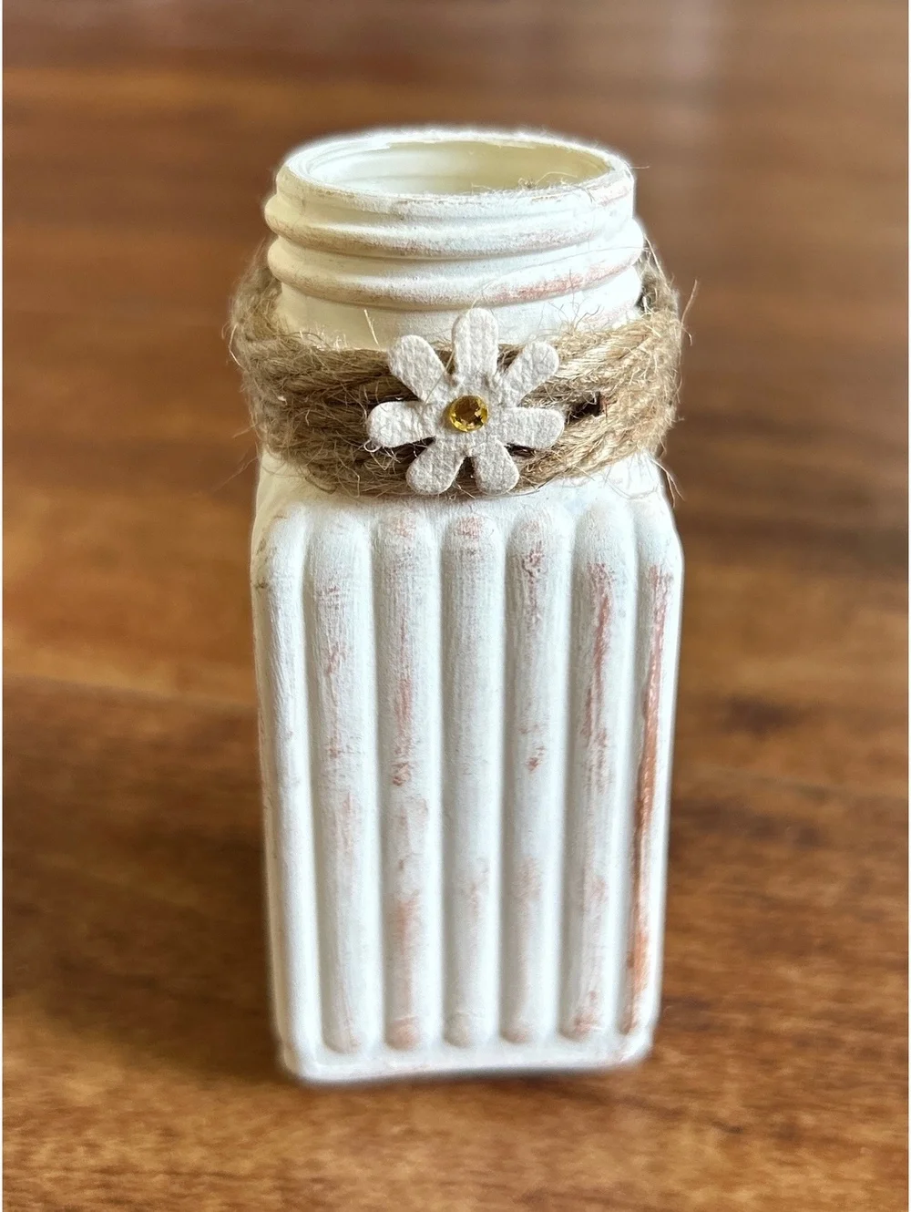 Small Decorative Vintage Style White Ribbed Glass Bottle with Twine and Flower